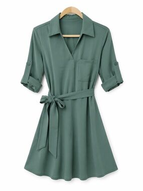 Halara Roll Up Sleeve Belted Relaxed Work Shirt Dress Sage Green NWT